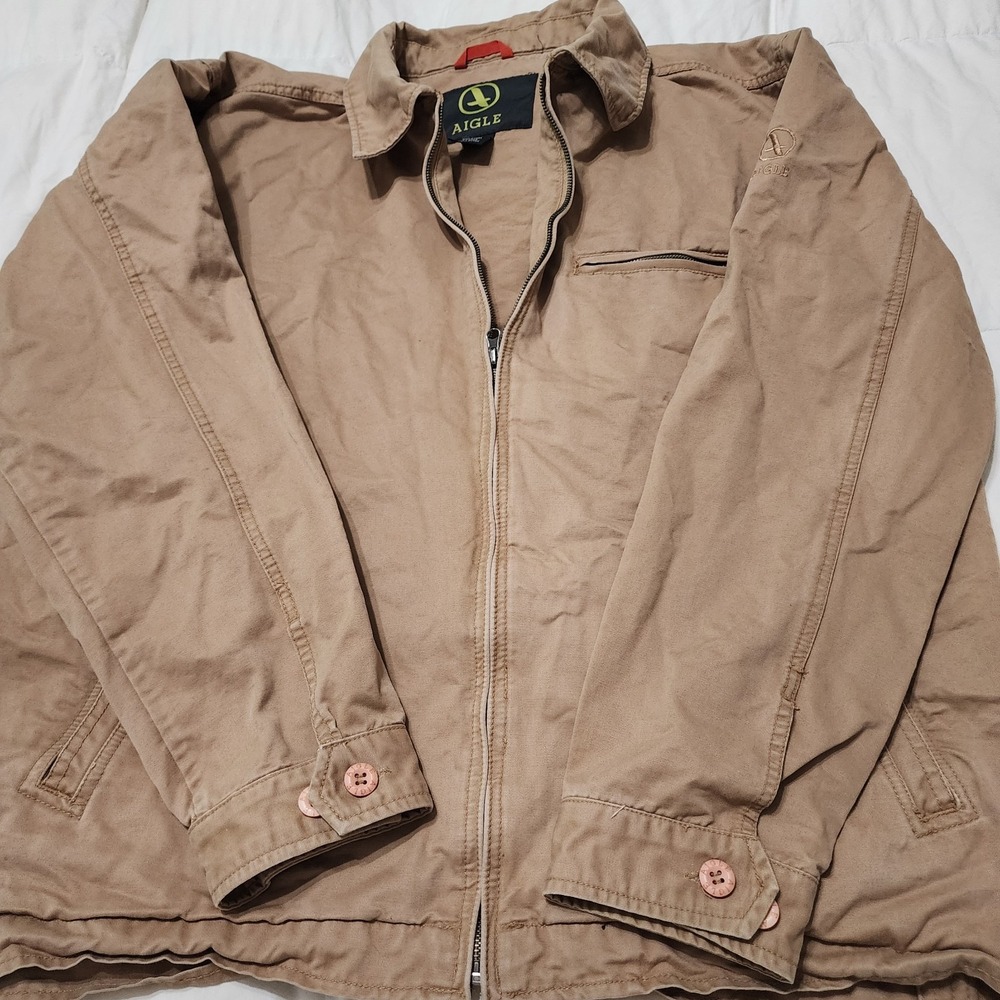 Aigle Jacket Mens XXL Tan Chore Work‎ Full Zip Pockets Outdoor Boho Logo Preppy